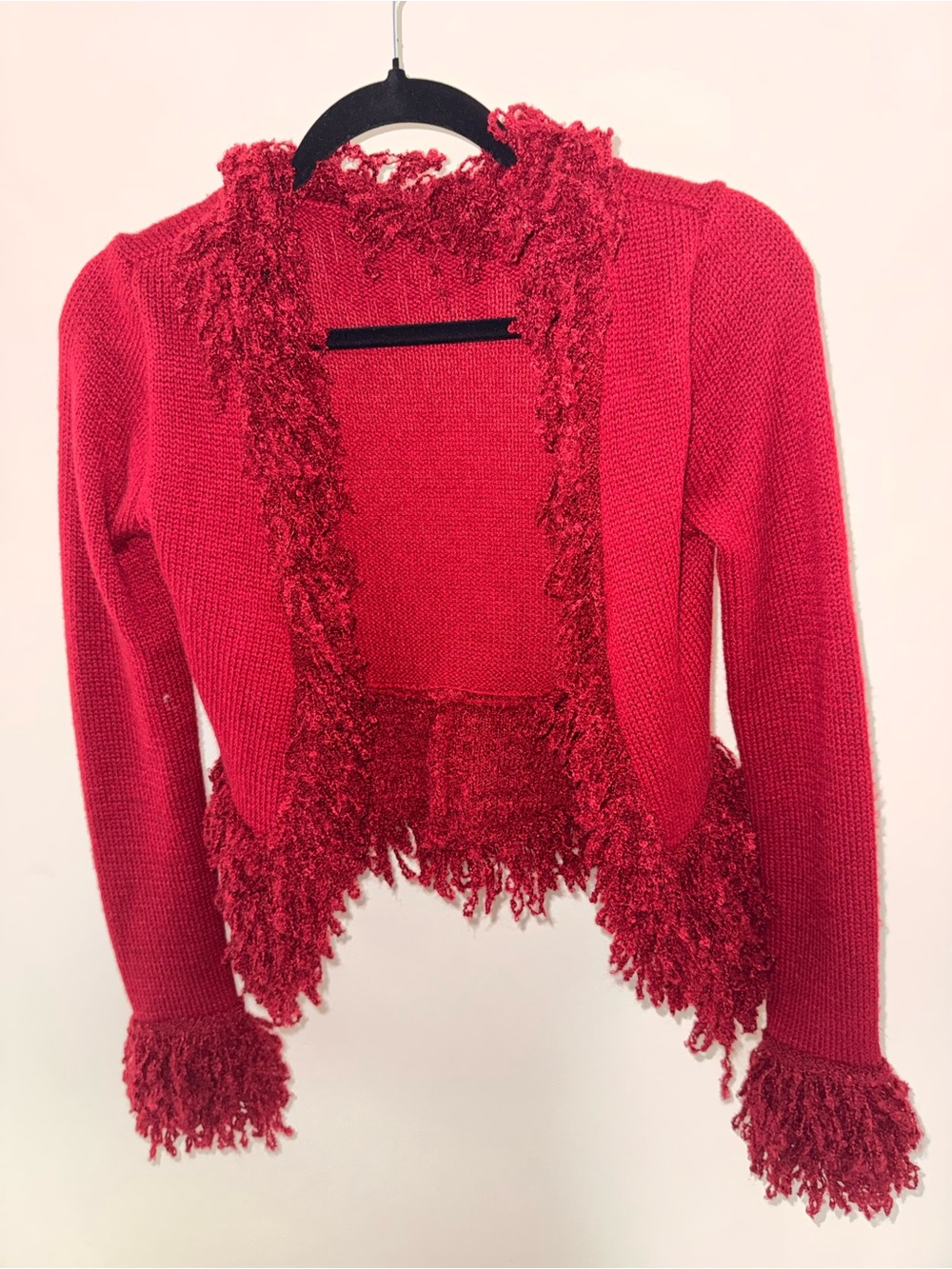 Red Cropped Fringe Open-Front Cardigan